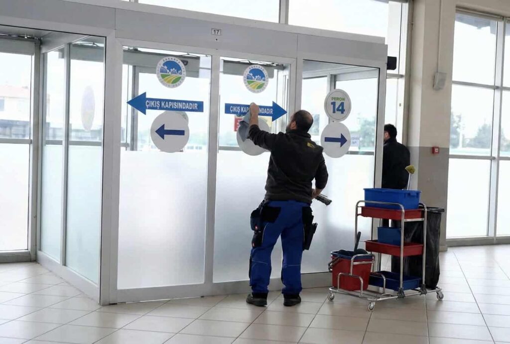 Güvenlik kapısından giriş ve çıkış yönlerini gösteren güvenlik görevlisi.